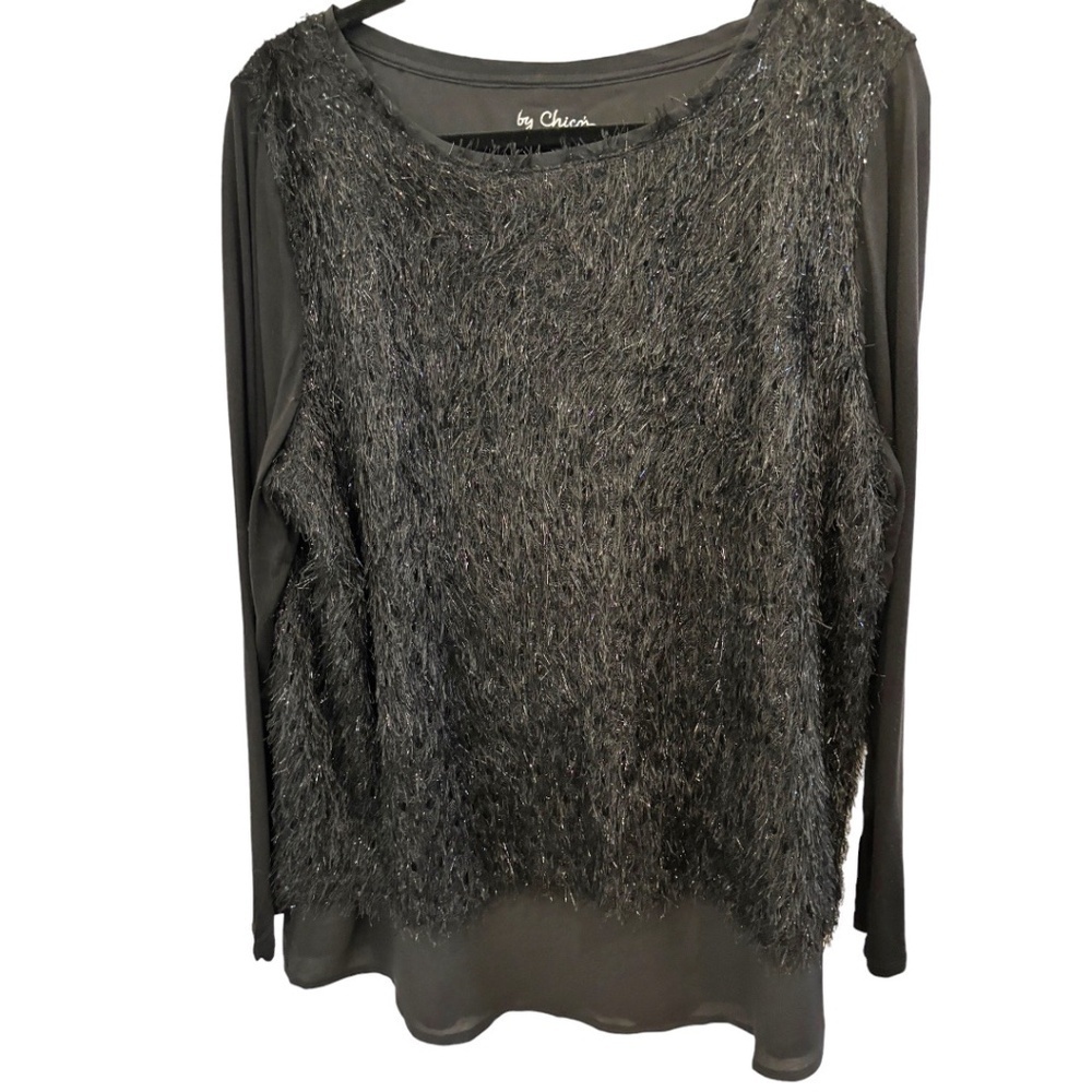 by Chico's Black Eyelash Faux Fur Shimmer Long Sleeve Black Top Chico's Size 3